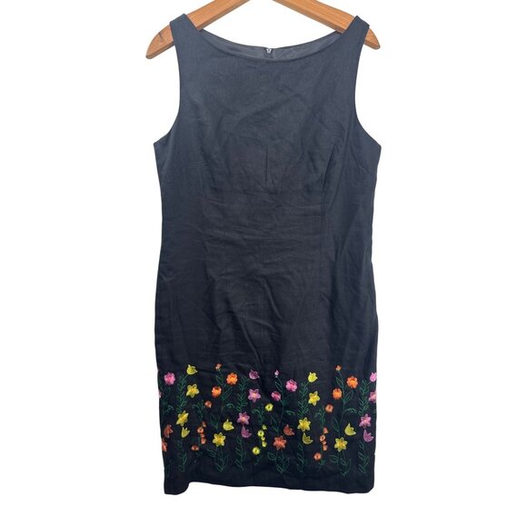 r&k originals Dresses & Skirts - Vintage R&K Originals Sheath Dress Sz 10 Black Linen Floral Embroidered Cottage